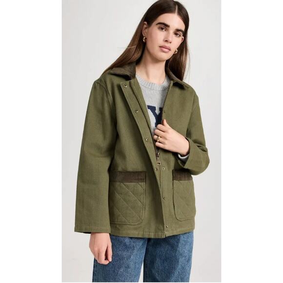Wyeth Jacey Barn Jacket Chore Coat Army Green Corduroy Trim Full Zip Size Large - Picture 2 of 12